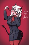 white_hair horns tail large_breasts clothed handheld skirt red_eyes tiny cute demoness heart shrunken_man grabbing sweater dialogue business_suit no_background looking_at_tiny stare hand_on_head helltaker modeus_(helltaker) rarayagts lustful