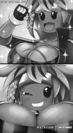 breasts drawing gentle monochrome long_hair clothed handheld cleavage huge_breasts low_angle smiling shrunken_man open_mouth jiggle plant_girl dialogue panels winking watermelon micromike shaking between_breasts blaster_master quivering kanna