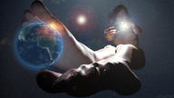 nipples nude feet earth space large_breasts destruction planet toes barefoot soles brunette smiling short_hair phone foot_play explosion between_feet sorenzer0 digital_render cosmic_giantess crumbling photographing