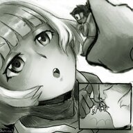 drawing gentle small_man monochrome clothed handheld anime high_angle short_hair kissing dangle nervous bangs no_background looking_at_tiny cutaway on_kinky meteora