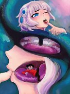 drawing white_hair vore small_man blushing color tongue clothed saliva anime sequence uvula short_hair inside_mouth mouth_play point_of_view pushing see_through bangs imminent_vore on_tongue internal_view no_background one_eye_closed cutaway on_kinky meteora