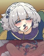 drawing white_hair small_man blushing color tongue clothed saliva anime sequence short_hair inside_mouth mouth_play panels bangs on_tongue no_background looking_at_tiny embernaga meteora