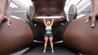 blonde exercise clothed small_woman unknown_artist sitting muscles shorts abs between_legs workout pencil dark_skin lifting indoors source_needed gym thick_thighs digital_render