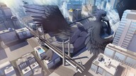 drawing giantess nude furry wings anthro city black_hair color butt bridge destruction claws barefoot buildings yellow_eyes crow lying_down bird thighs outdoors looking_back sideboob commission beak cracked_pavement talons bare_legs smirking zimatehwulf atacama semla