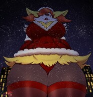 drawing gentle giantess pokemon panties furry anthro upskirt color large_breasts clothed cleavage stockings low_angle smiling christmas looming fangs looking_down open_mouth snow lipstick thighs outdoors sheela orange_eyes looking_at_viewer orange_hair red_panties glowing_eyes braixen gift_art saatchi jsk244 santa_outfit gwendolyn_(jsk244)