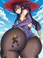 drawing small_man black_hair color long_hair butt clothed anime climbing low_angle gloves tights pigtails outdoors looking_back sideboob leotard bangs on_butt looking_at_tiny witch_hat nightingale122 leon_takayashi genshin_impact darbooart mona_(genshin_impact)