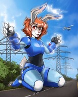 drawing growth gentle giantess hips furry tail anthro color tongue armor bridge clothed bunny red_eyes smiling red_hair short_hair kneeling airplane outdoors costume road trees commission long_ears power_lines cracked_pavement electricity meister_li cobalt rotarr mega_man