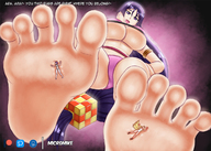 drawing feet horns black_hair color large_breasts long_hair swimsuit clothed small_woman toes barefoot soles anime low_angle smiling underboob foot_crush hand oni looking_down pinned small_women under_foot monster_girl no_background skimpy_clothing bare_legs micromike fate_(series) shuten_doji minamoto_no_raikou ibaraki_doji