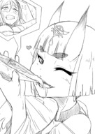 drawing vore horns monochrome clothed small_woman anime smiling scared short_hair oni heart open_mouth drinking balancing monster_girl looking_at_viewer bangs imminent_vore winking sake no_background in_drink preesoul cutaway fate_(series) shuten_doji minamoto_no_raikou