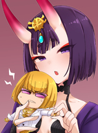 drawing small_man horns black_hair color clothed handheld playful anime angry kimono short_hair oni fangs sunglasses jewelry monster_girl bangs makeup no_background looking_at_tiny super_deformed fate_(series) shuten_doji chiji_komari sakata_kintoki