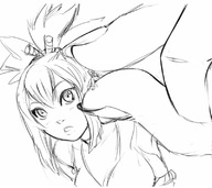 drawing monochrome ponytail looking_up between_fingers no_background pinched kohaku