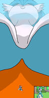 breasts drawing pokemon furry color large_breasts blue_hair huge_breasts low_angle smiling gardevoir unaware shrunken_man grass forest outdoors orange_eyes point_of_view trees between_breasts microgamer1 shiny_gardevoir