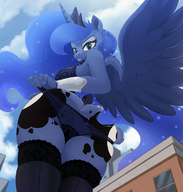 bikini drawing giantess panties furry tail wings anthro city color large_breasts butt blue_eyes buildings blue_hair stockings low_angle smiling crown looming fishnets looking_down thighs outdoors sideboob looking_at_viewer commission squeezing my_little_pony horn lace alicorn princess_luna fishnet_bra biting_lip pulling_down_panties gauntlets blue_eyeshadow ncmares yohomeboync yohomeboyraps cutie_mark ethereal_hair unknown_commissioner