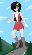 drawing giantess mega black_hair color large_breasts long_hair purple_eyes gloves boots mountains doom_patrol belt white_skin dc_comics elasti-girl shrinking_violet nightcore100 legion_of_superheroes flower_in_hair hair_streak
