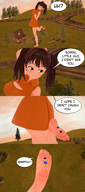 giantess comic barefoot brunette twintails outdoors looking_back dialogue panels stuck_to_foot digital_render koikatsu