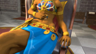 blonde long_hair clothed small_woman sitting muscles abs animation rubbing dark_skin pinned indoors jewelry nail_polish on_stomach digital_render the_legend_of_zelda gerudo bare_midriff hylian princess_zelda_(the_legend_of_zelda) urbosa_(the_legend_of_zelda) leathersfm