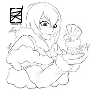 drawing gentle horns monochrome long_hair clothed small_woman handheld anime smiling christmas kissing mistletoe santa_costume monster_girl bangs in_palm no_background looking_at_tiny pursed_lips dkdevil