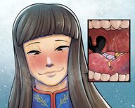 drawing gentle long_hair brunette smiling looking_down inside_mouth mouth_play on_tongue flushed cutaway tdart advance_wars