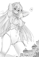 breasts drawing nipples blushing monochrome large_breasts long_hair seo_tatsuya castle smiling thong looking_down birds lick_lips