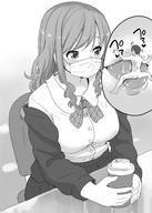 drawing gentle small_man monochrome long_hair tongue clothed licking anime high_angle sitting drink shrunken_man entrapment trapped mask mouth_play no_background cutaway clothing_entrapment fuyunopon grayscale facemask