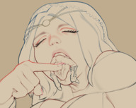 drawing vore small_man monochrome long_hair tongue cum penis licking saliva open_mouth inside_mouth mouth_play testicles finger_job closed_eyes pushing on_tongue dark_souls veil gwynevere chosen_undead hand_play harsh_mallowz