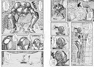 drawing small_man comic monochrome butt armor clothed small_woman high_heels butt_crush anime sequence knight scared story witch fighting close_up cruel mask magic indoors crouching staff japanese_text dialogue panels floating holding_up under_butt dungeon struggling imminent_crush helmet thick_thighs combat smug butt_print kiyoshi2431 sitting_on_tiny instant_loss_2koma