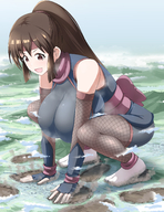 drawing giantess landscape giga city color large_breasts long_hair destruction clothed ochiko_terada buildings anime brunette high_angle smiling socks gloves ponytail foot_crush fishnets looking_down foot_print mountains hand_crush ninja clouds crouching headband bangs tabi_socks kunoichi