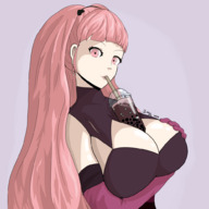 drawing vore small_man color large_breasts long_hair clothed small_men cleavage anime knight smiling pink_hair gloves drink drinking tea jewelry tinies multiple_victims looking_at_viewer imminent_vore fire_emblem no_background in_drink cupping_breasts boba_tea saturniablue hilda_(fire_emblem)