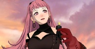 small_man long_hair clothed handheld cleavage smiling pink_hair gloves outdoors jewelry between_fingers fire_emblem looking_at_tiny digital_render hilda_(fire_emblem) zapperbullet dimitri_(fire_emblem)