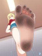 drawing feet blonde color clothed toes barefoot soles red_eyes blood low_angle smiling gore short_hair foot_crush looking_down cruel indoors dirty_soles point_of_view looking_at_tiny bare_legs smirking bare_midriff agemo hidi