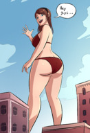 drawing city long_hair brunette smiling outdoors looking_back waving big_butt