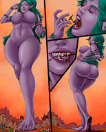 drawing giantess nude vore color large_breasts long_hair butt blood smiling elf green_hair gore hard_vore foot_crush looking_down world_of_warcraft orc night_elf purple_skin swgtsdrawing