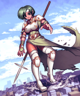drawing city color armor destruction clothed buildings anime smiling green_hair short_hair foot_crush smoke shoe_crush outdoors earrings headband thigh_high_boots debris fire_emblem gareit0 fee