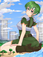 drawing giantess blushing city color butt armor clothed beach buildings anime green_hair short_hair sitting clouds outdoors looking_back earrings trees looking_at_viewer headband fire_emblem bare_legs fee hirugashii