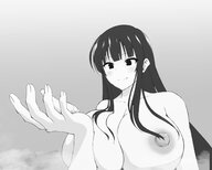 drawing giantess giga city monochrome black_hair long_hair handheld huge_breasts smiling clouds no_background edogtskagura