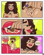 drawing nude long_hair cum brunette smiling blowjob shrunken_man long_nails choker dialogue no_background between_breasts otheruizart