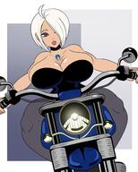 drawing white_hair cleavage huge_breasts short_hair sitting collar shrunken_man looking_down motorcycle no_background between_breasts