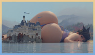 giantess mega butt ocean brunette castle lying_down short_hair mountains lake outdoors sky looking_back trees semi_nude digital_render overwatch tracer_(overwatch) skimpy_clothes bottopbot2 manor lakeside