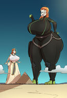 drawing giantess long_hair glasses huge_breasts desert pyramid multiple_sizes red_hair surprised looking_down giantesses outdoors big_butt thick_thighs
