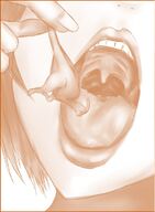 drawing female vore monochrome dinosaur short_hair open_mouth dangle no_background eat