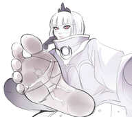 drawing feet small_man monochrome clothed toes soles anime short_hair bondage sitting foot_slave raised_foot tiara legs_crossed bangs tied_to_foot no_background looking_at_tiny bubimun human_footwear