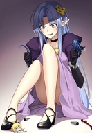 drawing color long_hair small_woman saber high_heels anime implied_insertion purple_hair smiling sitting pinned tentacles under_foot choker slimy no_background looking_at_tiny pointed_ears bare_legs caster fate_(series) saber_lily shijiu