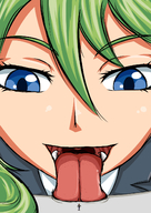 drawing color tongue blue_eyes clothed mouth licking smiling green_hair looking_down indoors erika etz looking_at_tiny shambl3z shrink_high imminent_lick