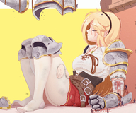 drawing gentle giantess blonde color large_breasts long_hair armor clothed bandages skirt buildings stockings knight sitting ladder thighs leaning_against_building closed_eyes necklace ripped_clothing injured removing_clothing gauntlets belts ncmares yohomeboync yohomeboyraps raps
