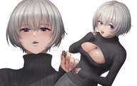 drawing white_hair vore mouth handheld cleavage purple_eyes short_hair looking_down small_girl fingers looking_at_viewer no_background cleavage_window between_breasts kuroihassan