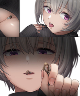 white_hair vore blushing tongue handheld smiling short_hair shrunken_woman between_breasts kuroihassan
