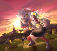 drawing gentle giantess color clothed crossover fang yellow_eyes open_mouth standing outdoors super_mario_bros on_hand looking_at_tiny splatoon koopas splatoon_2 super_mario_3d_world marina_(splatoon) super_mushroom pearl_(splatoon) stupjam off_the_hook super_star mushroom_vs._star_splatfest