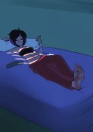drawing sleeping black_hair toes barefoot cleavage soles bed short_hair looking_down pinned closed_eyes