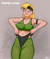 drawing chief blonde large_breasts long_hair smiling muscles looking_down headband no_background bare_midriff inside-clothing