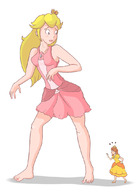 drawing blonde long_hair barefoot princess_peach brunette embarrassed crown looking_down ripped_clothing princess_daisy no_background
